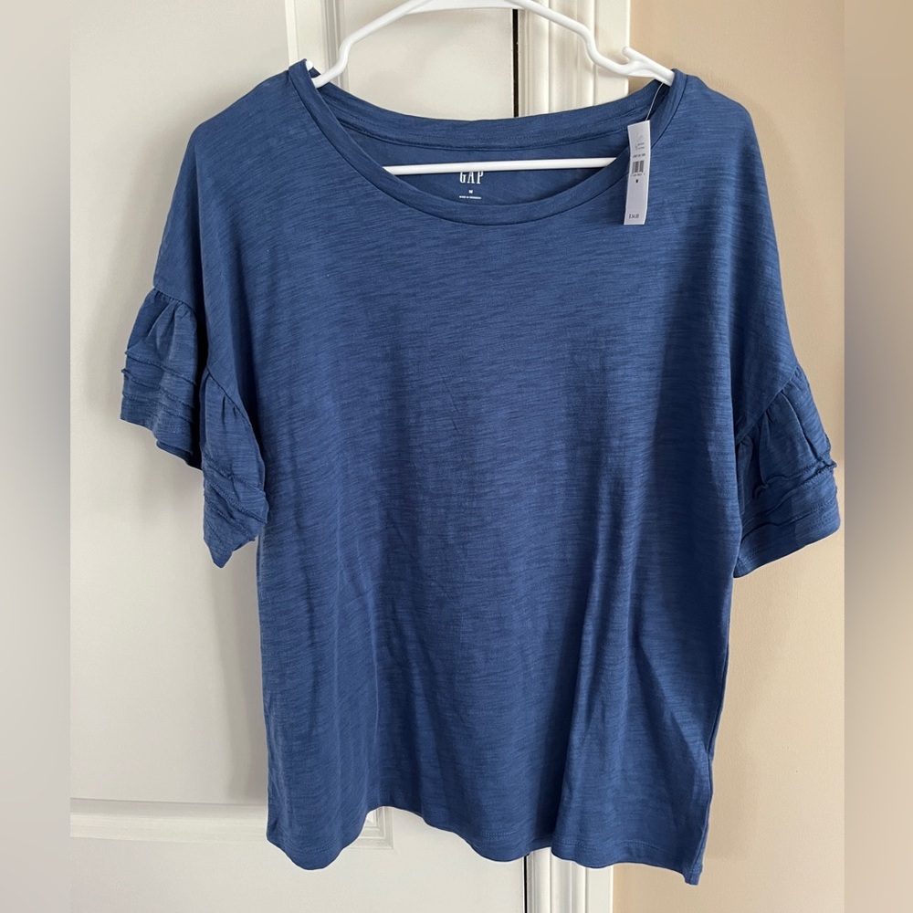 NWT- Women’s, Gap, Denim Blue, Ruffle Sleeve Shirt-Size M
